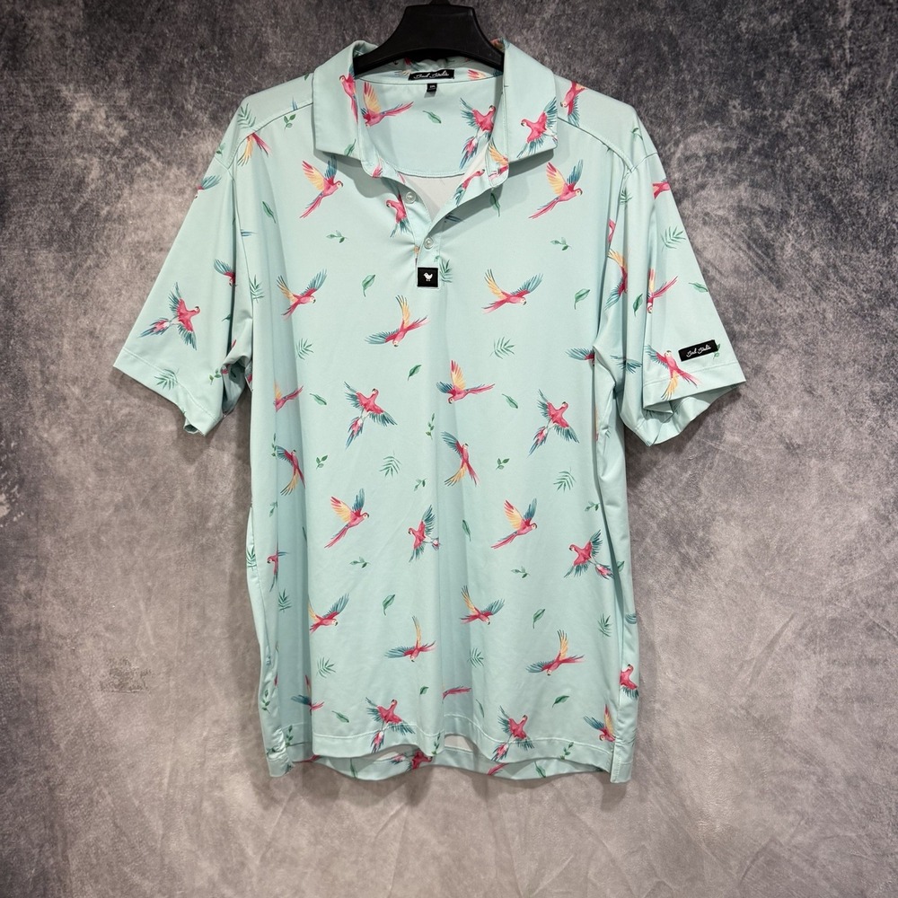 Bad Birdie Mens Golf Polo Shirt Size XL Parrot Macaw Turquoise All Over Print